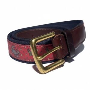 Vineyard Vines Crab Canvas Club Belt Leather Red Blue Mens Sz 34 Preppy Beach